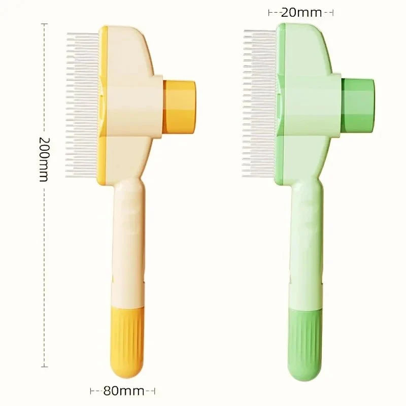 Self-cleaning pet grooming combs in yellow and green with stainless steel teeth