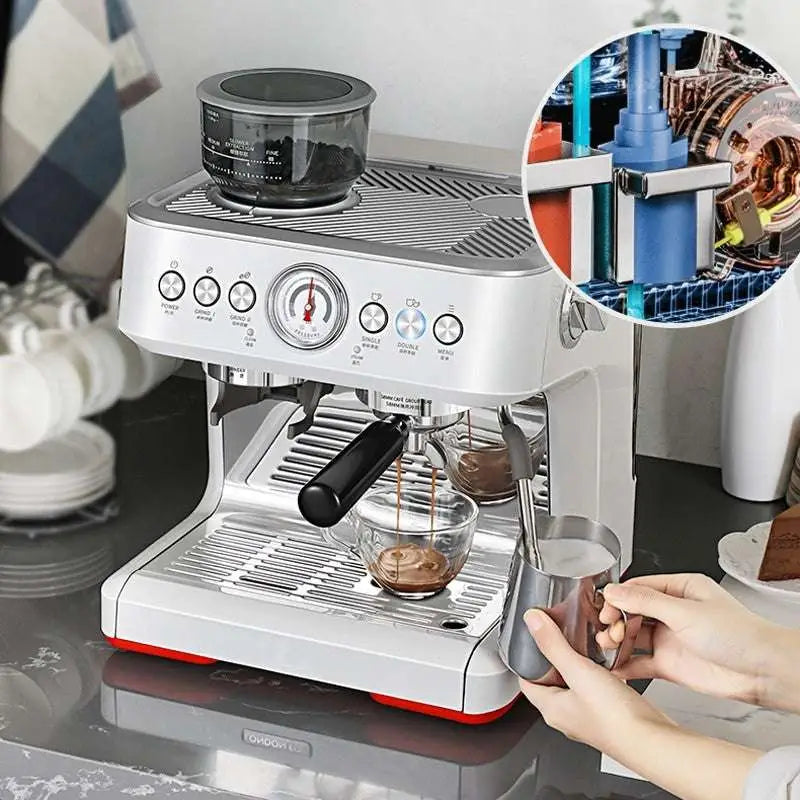 White semi-automatic espresso machine with grinder hopper, spouts, and cup filling
