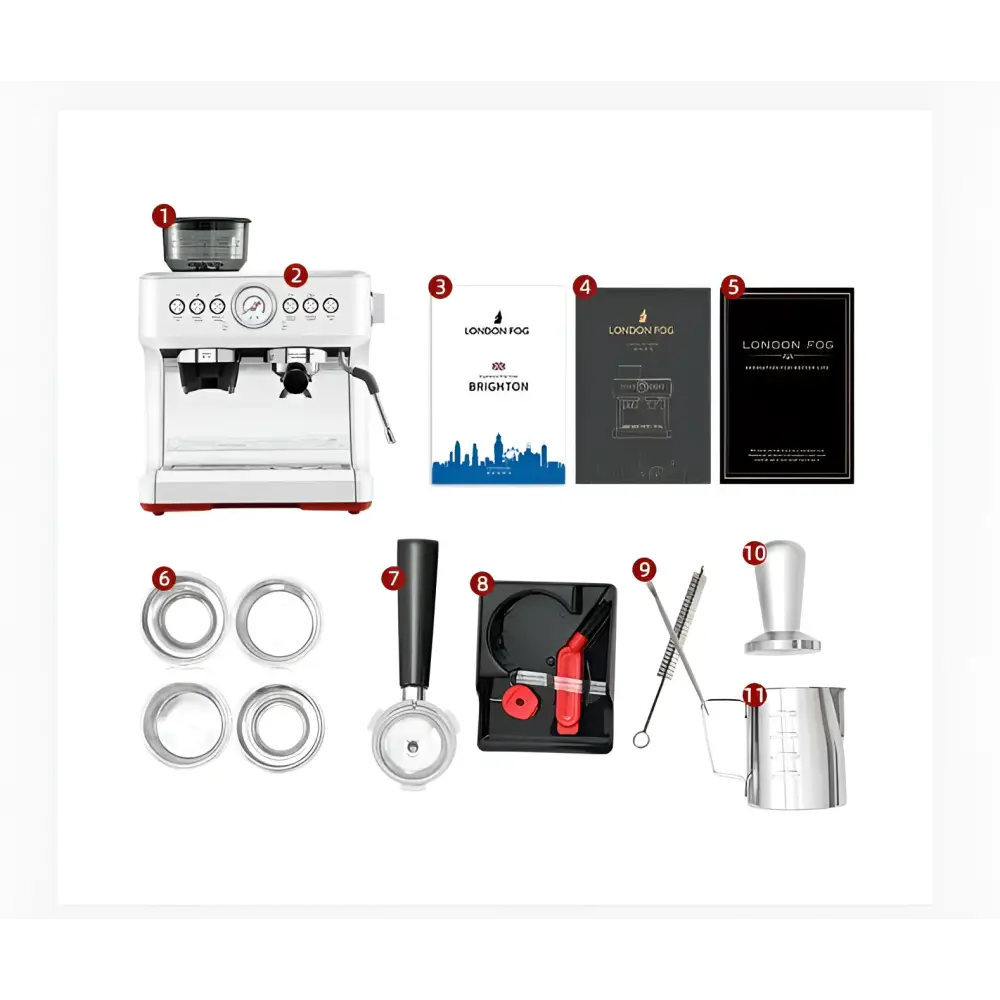 White semi-automatic espresso machine parts and accessories laid out on a card