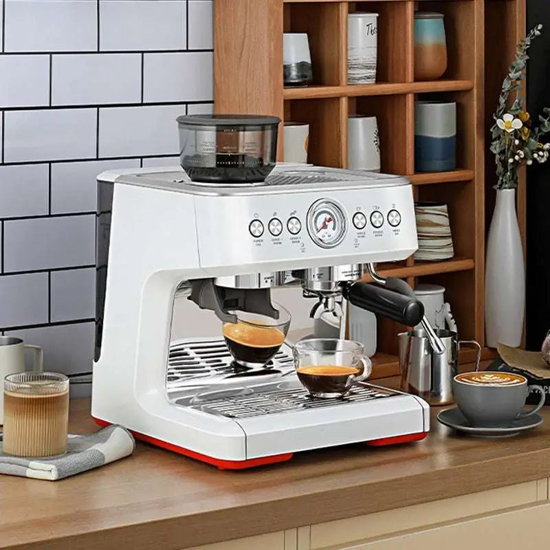 White semi-automatic espresso coffee machine with grinder hopper and front gauge dials