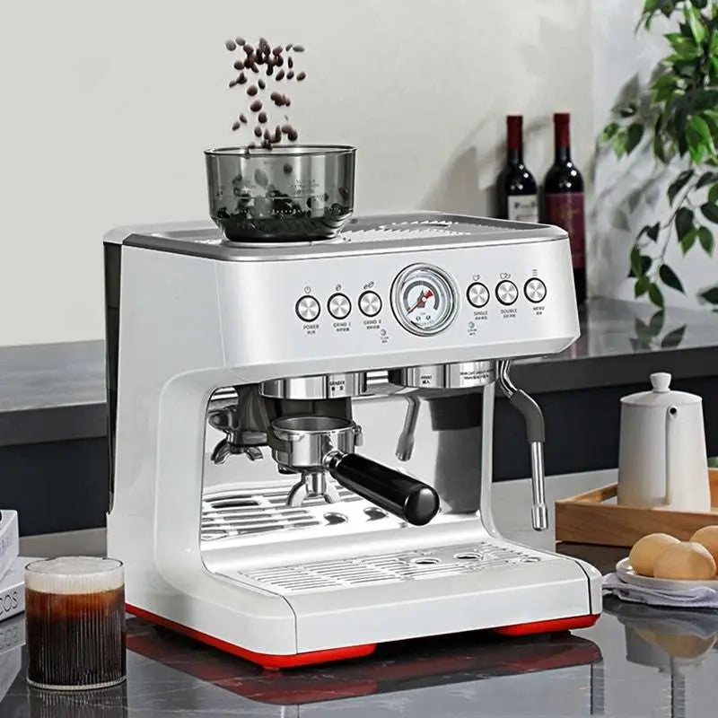 White semi-automatic espresso coffee machine with grinder hopper and portafilter handle