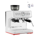 White semi-automatic espresso coffee machine with grinder hopper, gauge, and portafilter