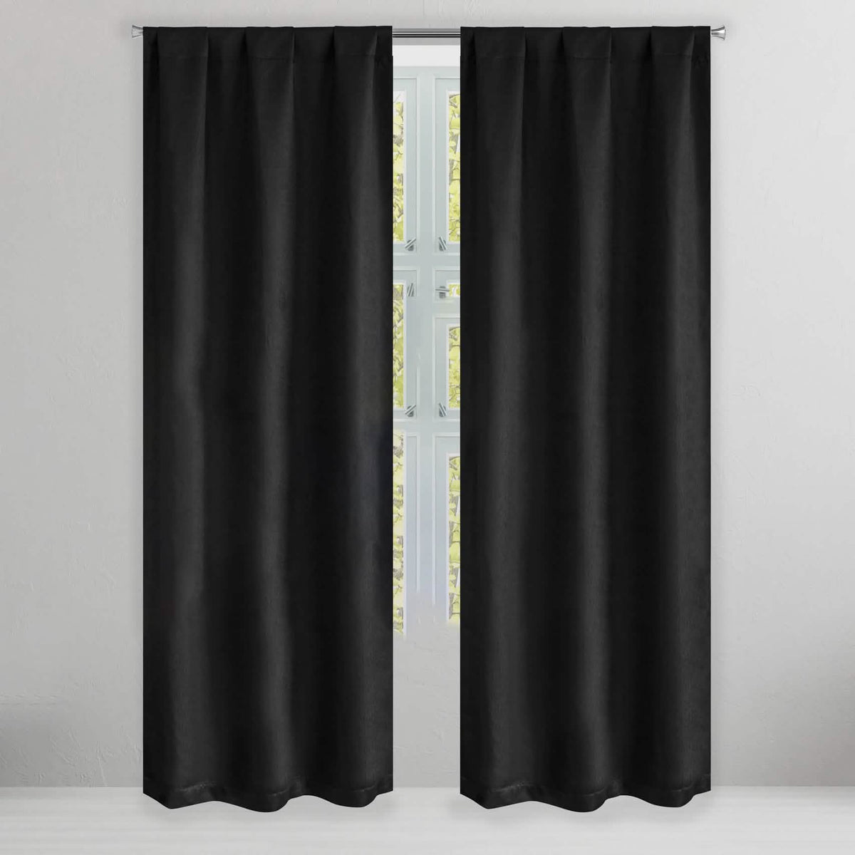 Pair of 2 black thermal blackout window curtains, brushed textured panels