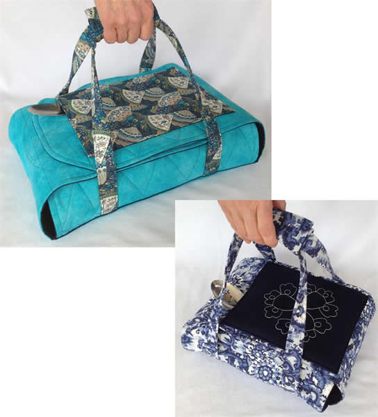 Quilted casserole carrier; turquoise version with patterned handles, inset navy floral bag