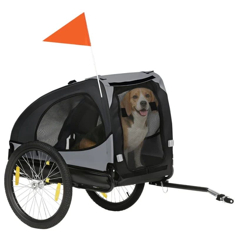 Black dog bike trailer pet stroller with mesh side panels and orange safety flag
