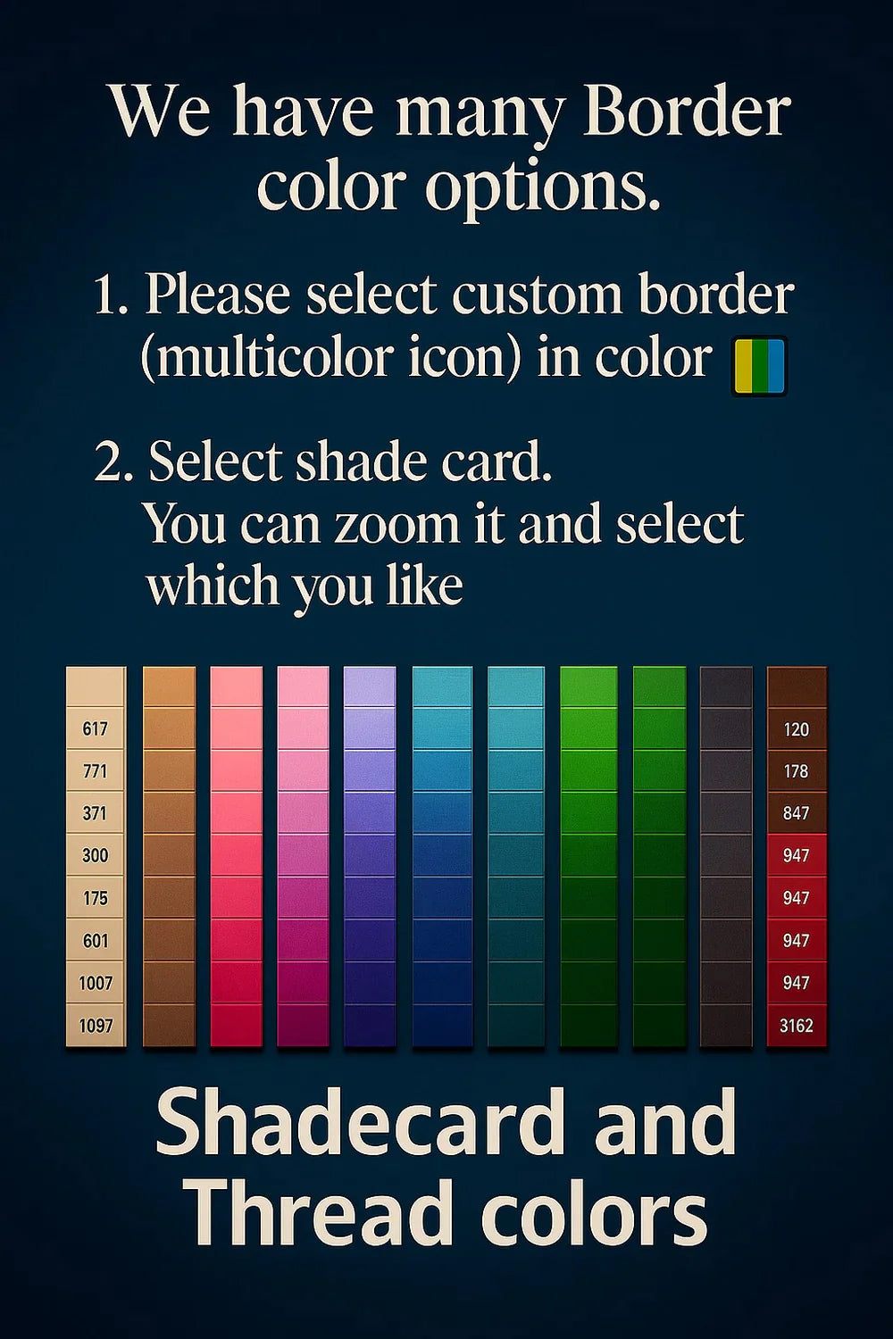 Border color shade card with multicolor thread options and icons