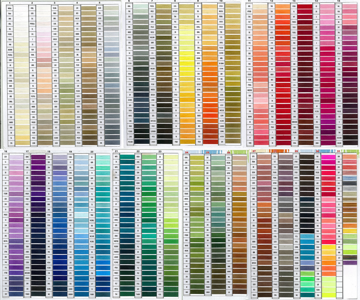 Embroidery floss color chart with many small labeled thread shade cards