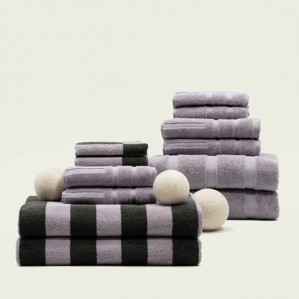Australian cotton towel stack in lilac-gray and charcoal with black-and-white plaid, plush