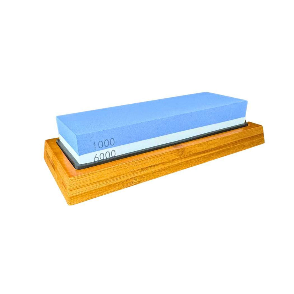 Two-sided sharpening stone with blue 1000 and 6000 grit on wood base