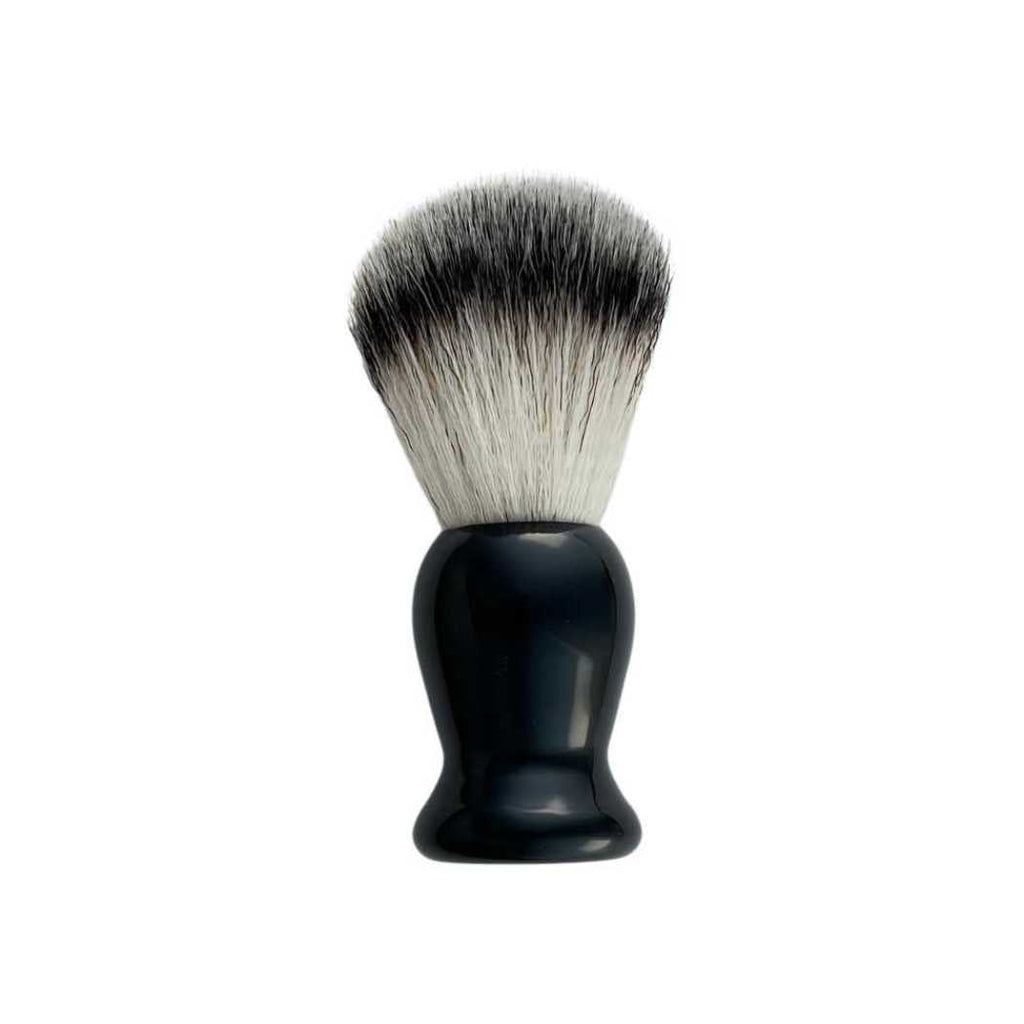 Shaving brush with black handle and dense silver-gray bristles