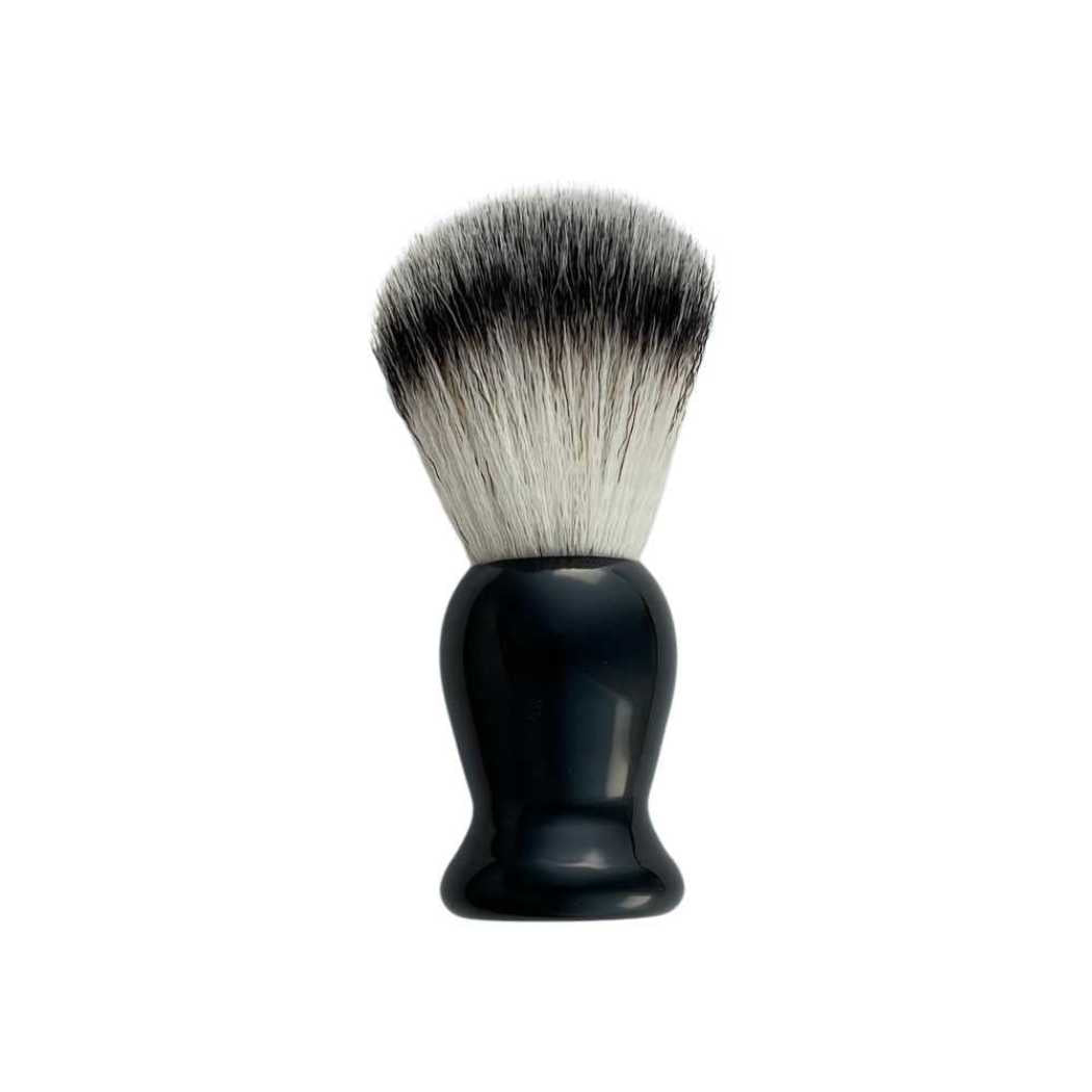 Shaving brush with black handle and dense silver-gray bristles