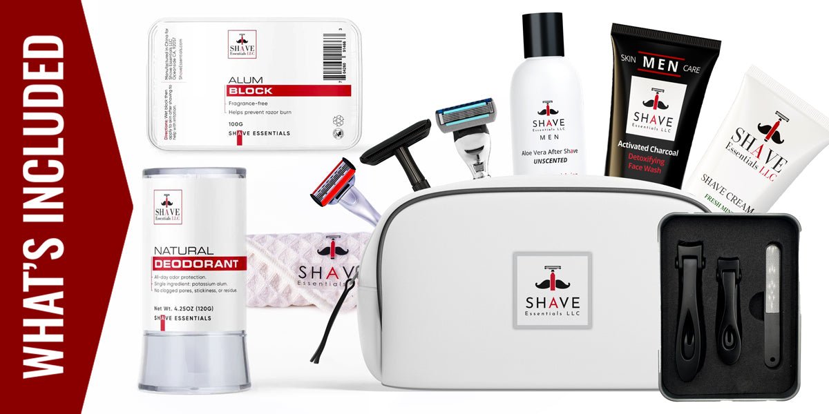 Men's grooming kit set with zip pouch, shaving creams, deodorant, and razor tools