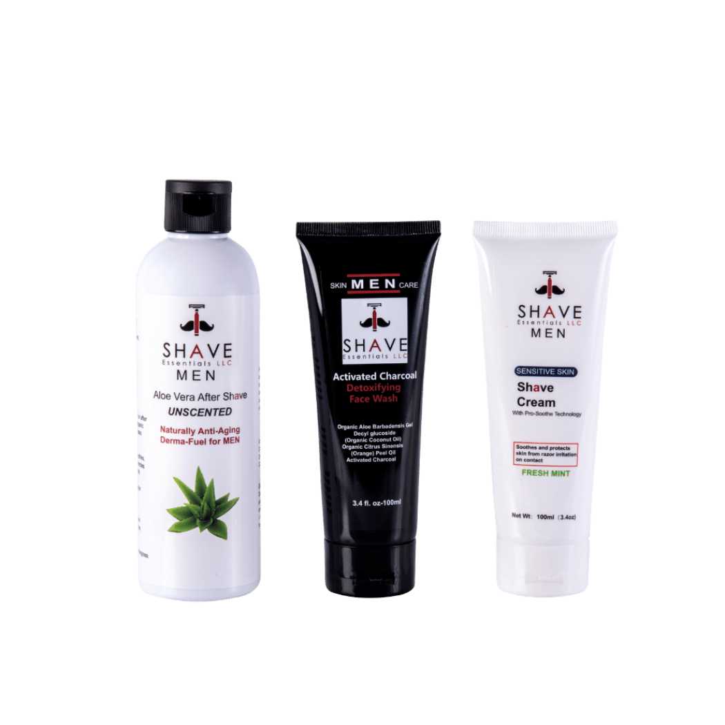 Men's shaving essentials set: aloe after shave, charcoal face wash, shaving cream