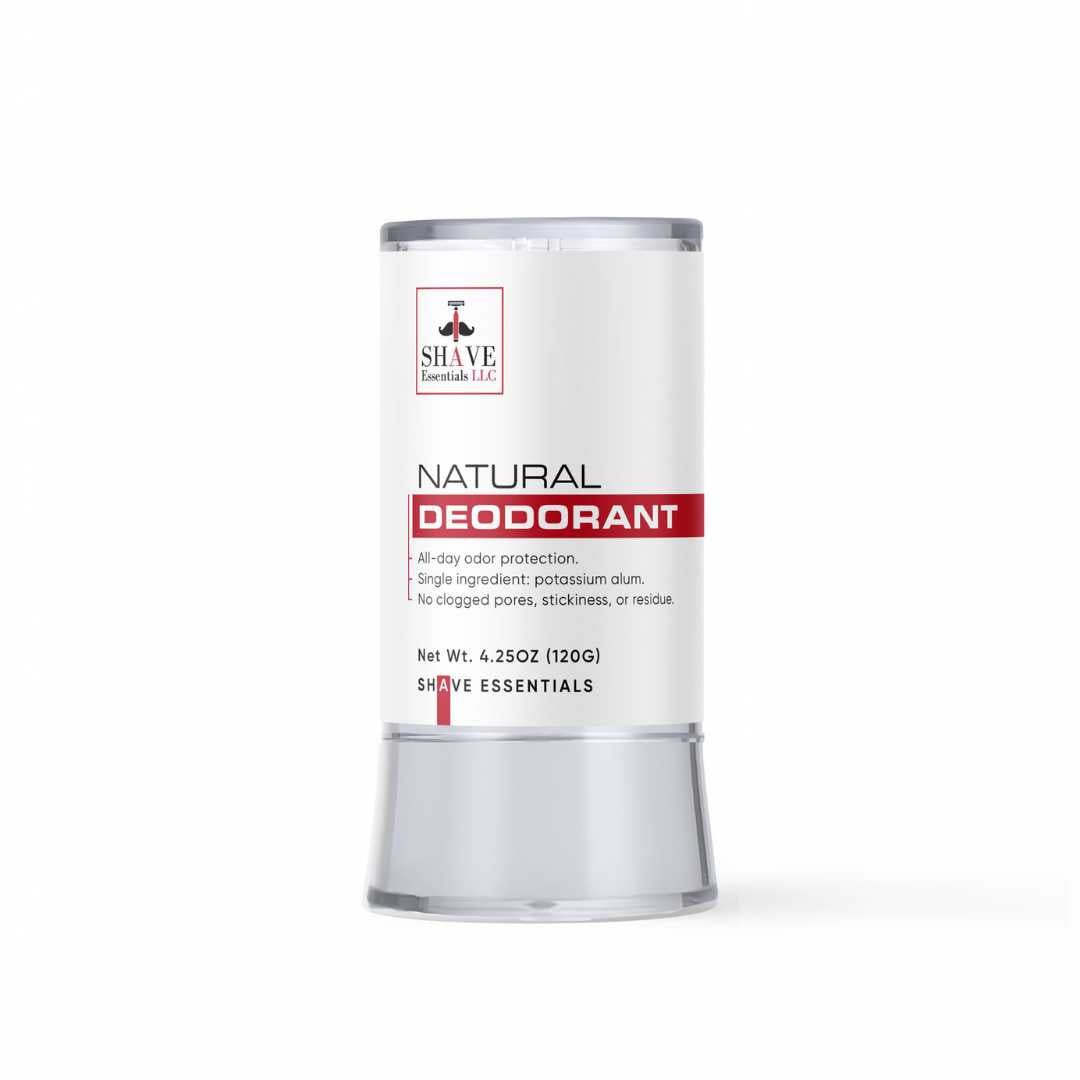 Natural deodorant container with SHAVE Essentials label and gray base