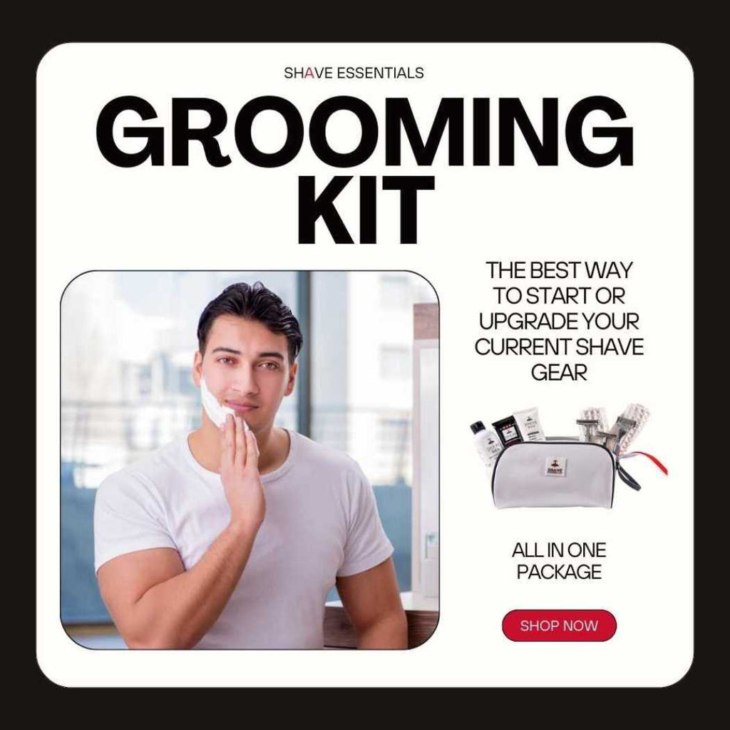Men's grooming kit packaging box with kit name and included items graphics