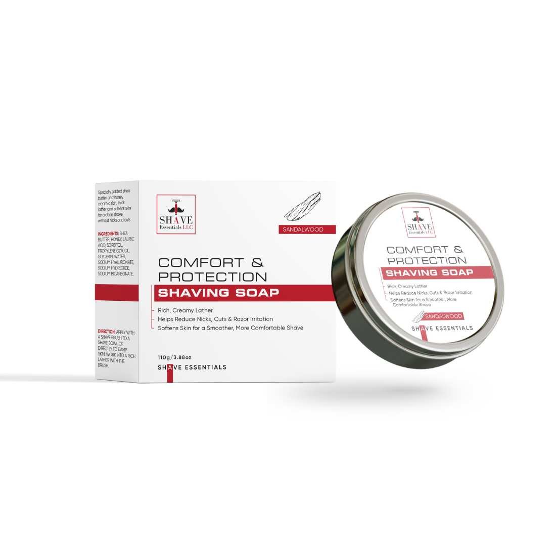 Comfort & Protection shaving soap bar with tin, Sandalwood scent