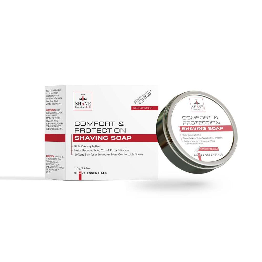 Shaving soap box and round tin labeled Comfort & Protection