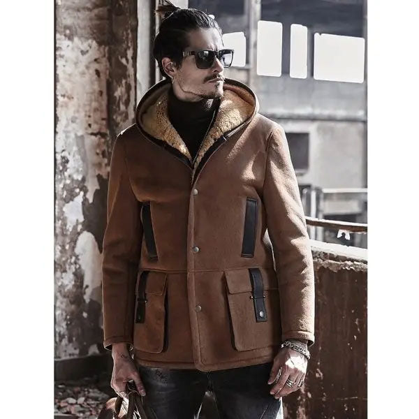 Men's suede shearling hooded leather bomber jacket with chest and side patch pockets