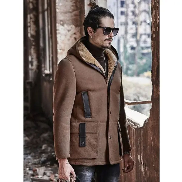 Men's suede shearling hooded leather jacket with dark-trim patch pockets and snap front