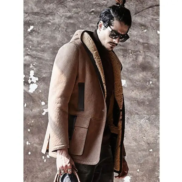 Men's suede shearling-lined hooded leather jacket with flap pockets and snap front
