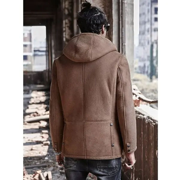 Men's suede shearling hooded leather bomber jacket, back view with central seam