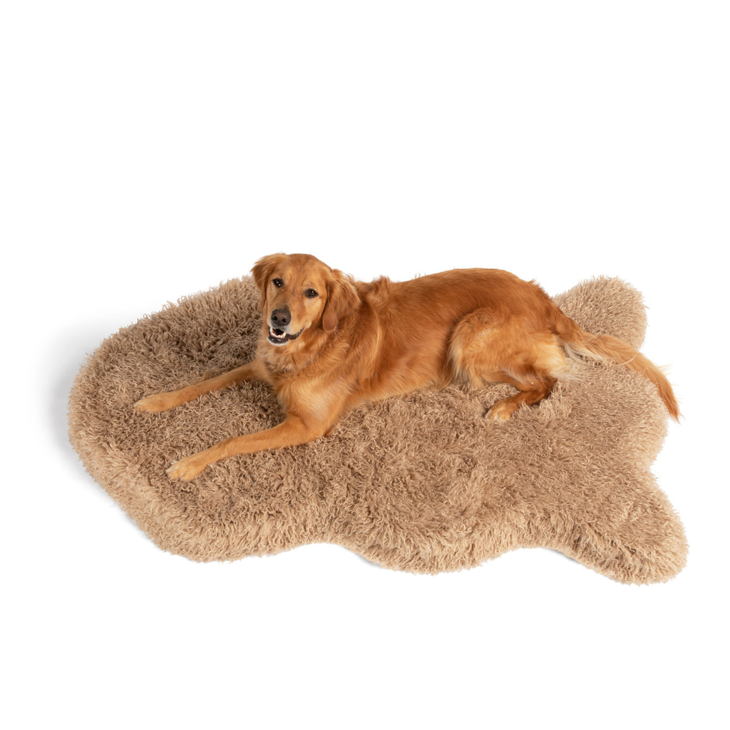 Tan plush faux fur dog bed with curved surface, golden dog lying