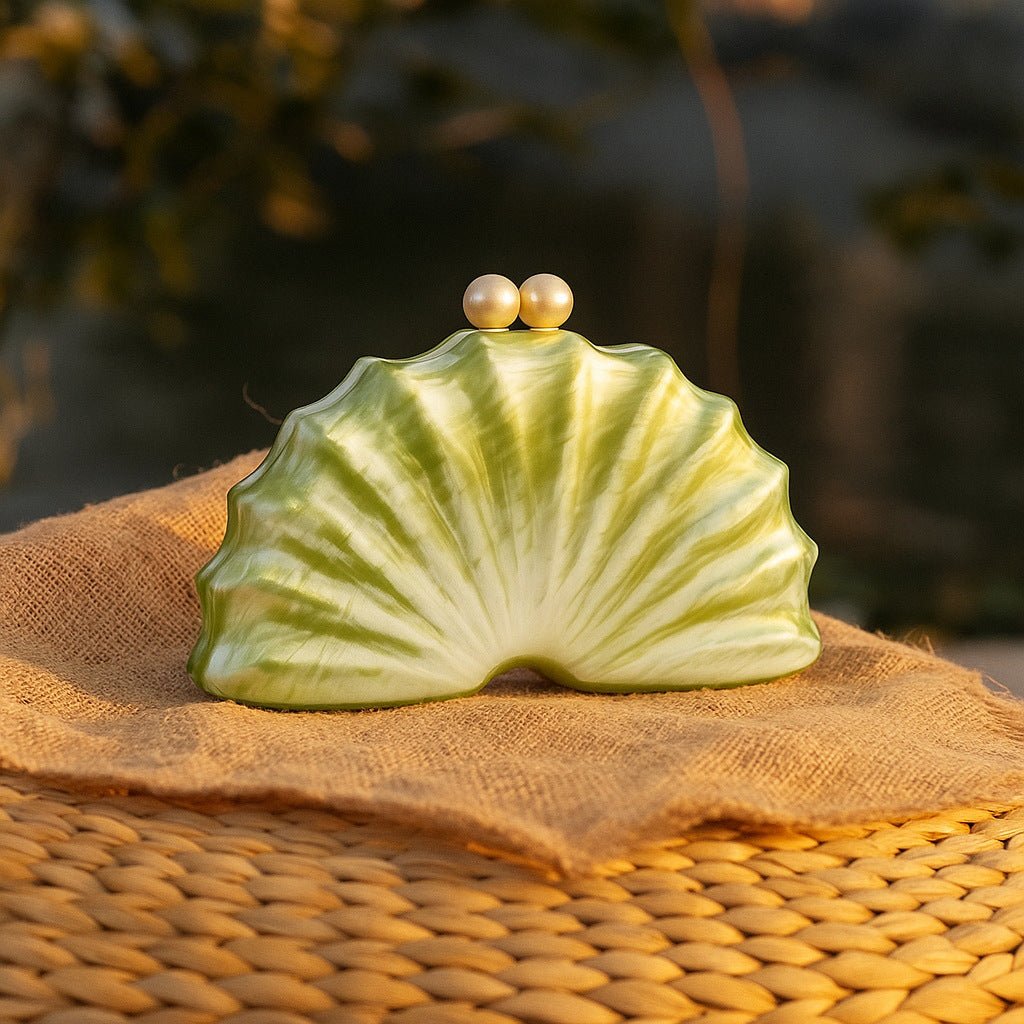 Light green shell acrylic clutch evening bag with pearl-look top clasp