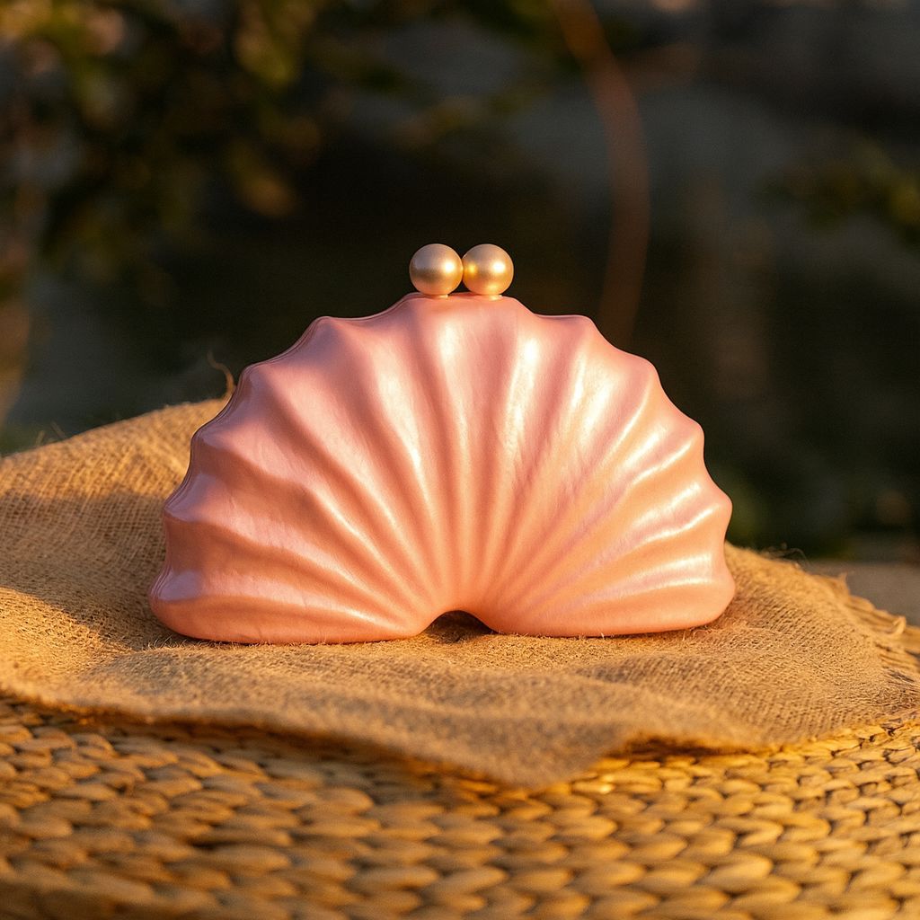 Pink shell acrylic clutch evening bag with pearl-look top clasp