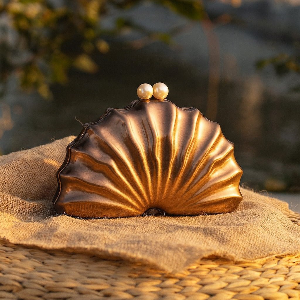 Bronze shell acrylic clutch evening bag with pearl-look top clasp