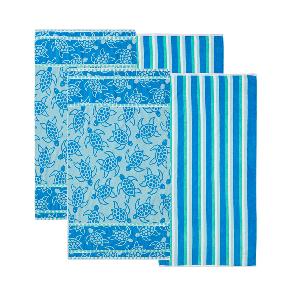 Blue cotton velour beach towels with sea turtle print and teal striped accents.