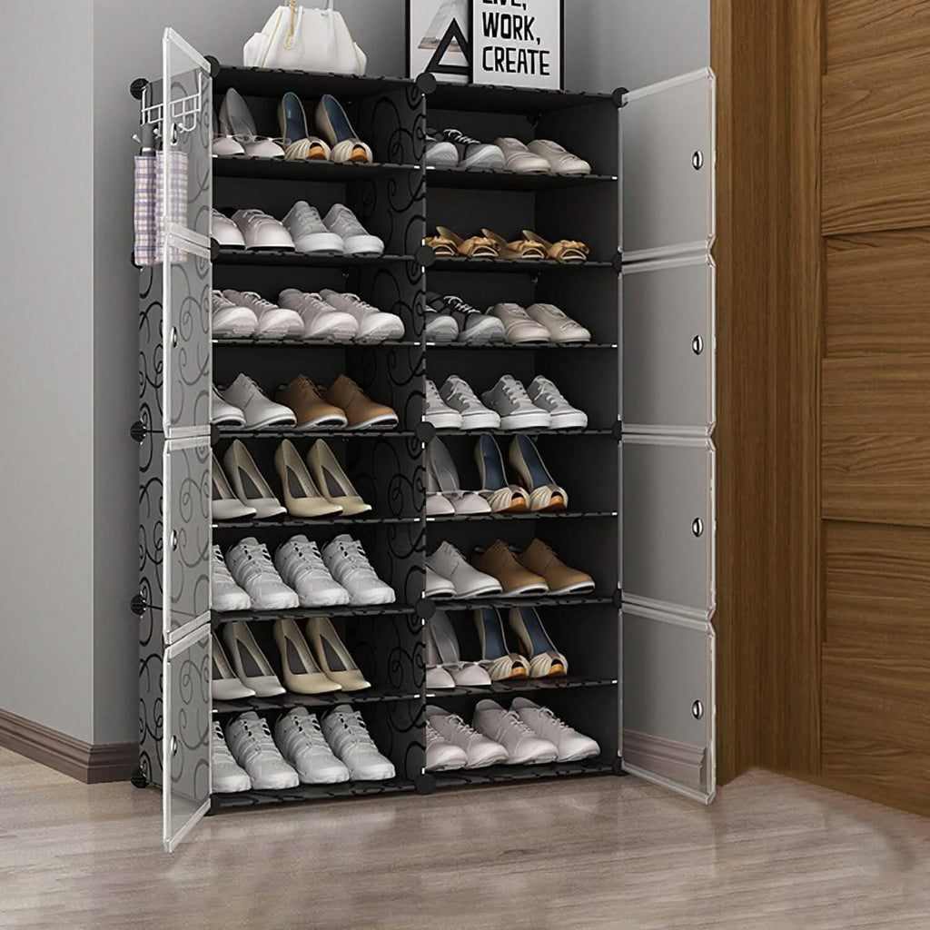 Shoe rack organizer with clear doors open, dark frame and stacked shoe shelves