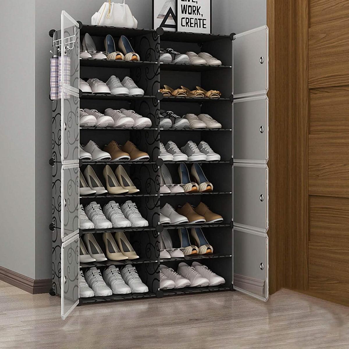 Shoe rack organizer with clear doors open, dark frame and stacked shoe shelves