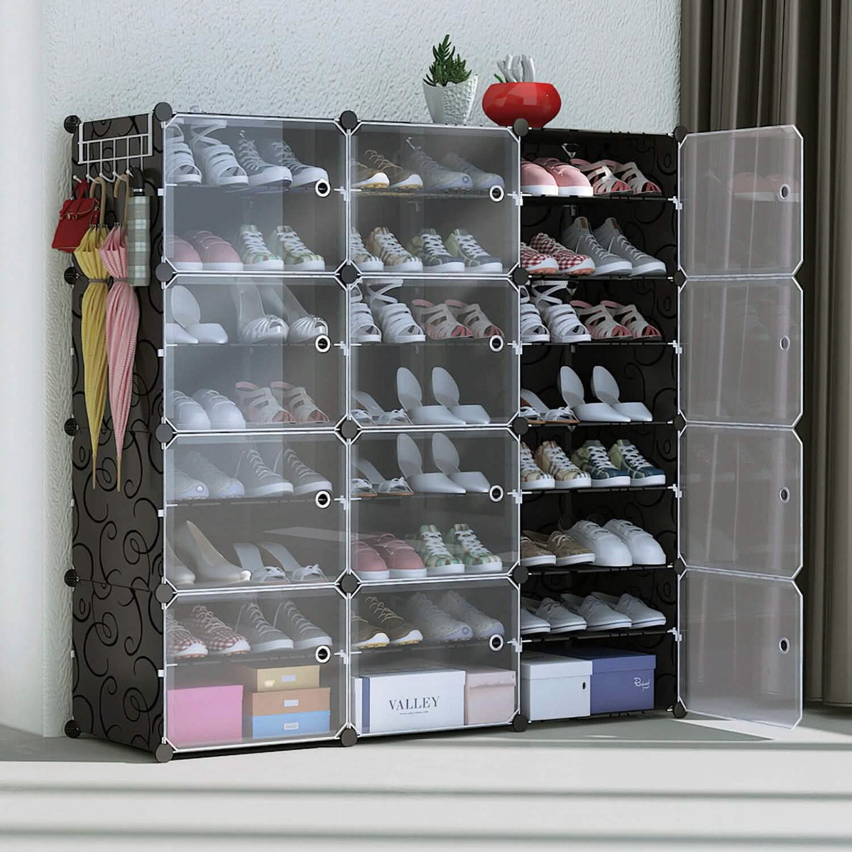 Shoe rack organizer with clear doors, dark frame, and cubby shelves for many shoes