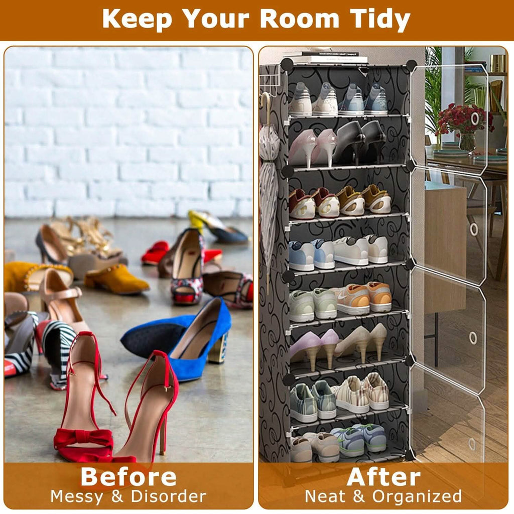 Shoe rack organizer with transparent doors, multiple shelves holding shoes