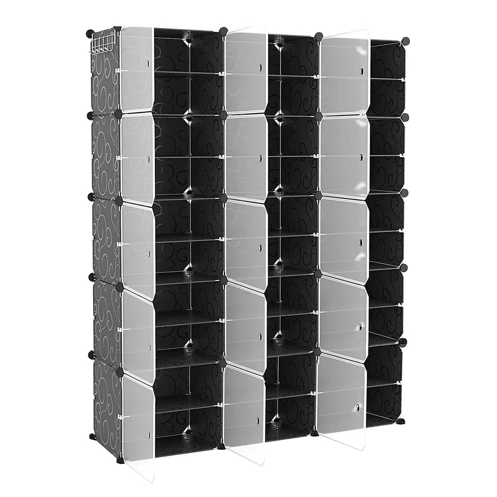 Shoe rack organizer with transparent door panels and black and white cubby compartments