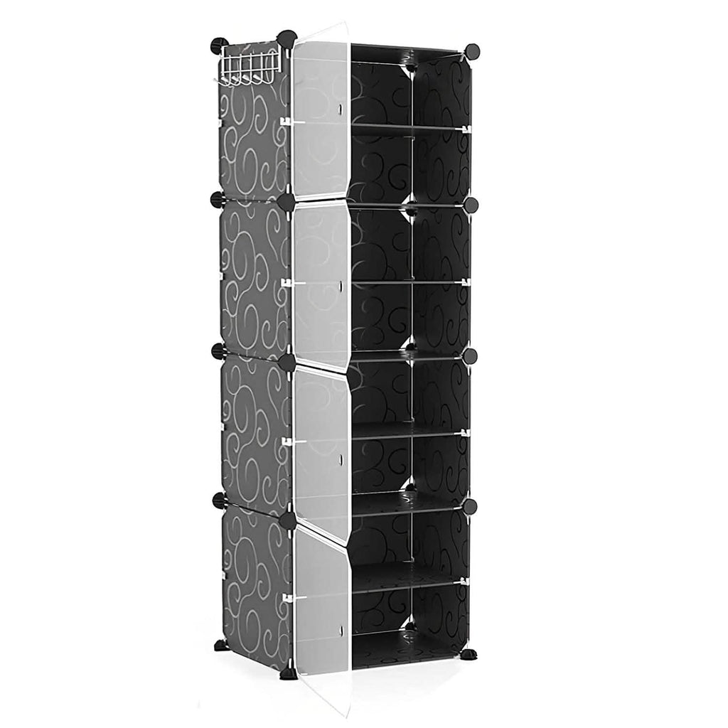 Shoe rack organizer with transparent front doors and multiple stackable shoe cubbies