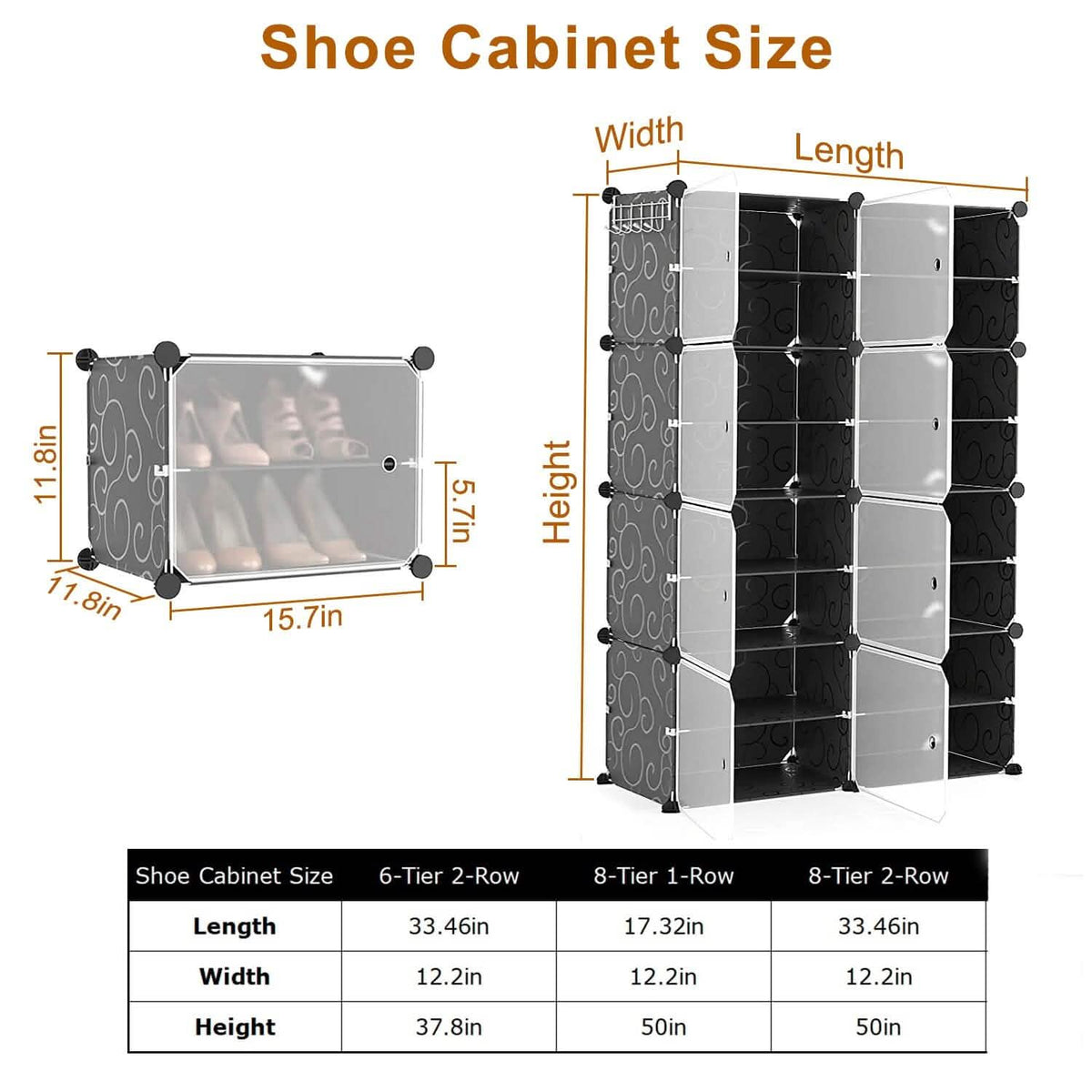 Shoe rack organizer size chart with width, length, and height measurements