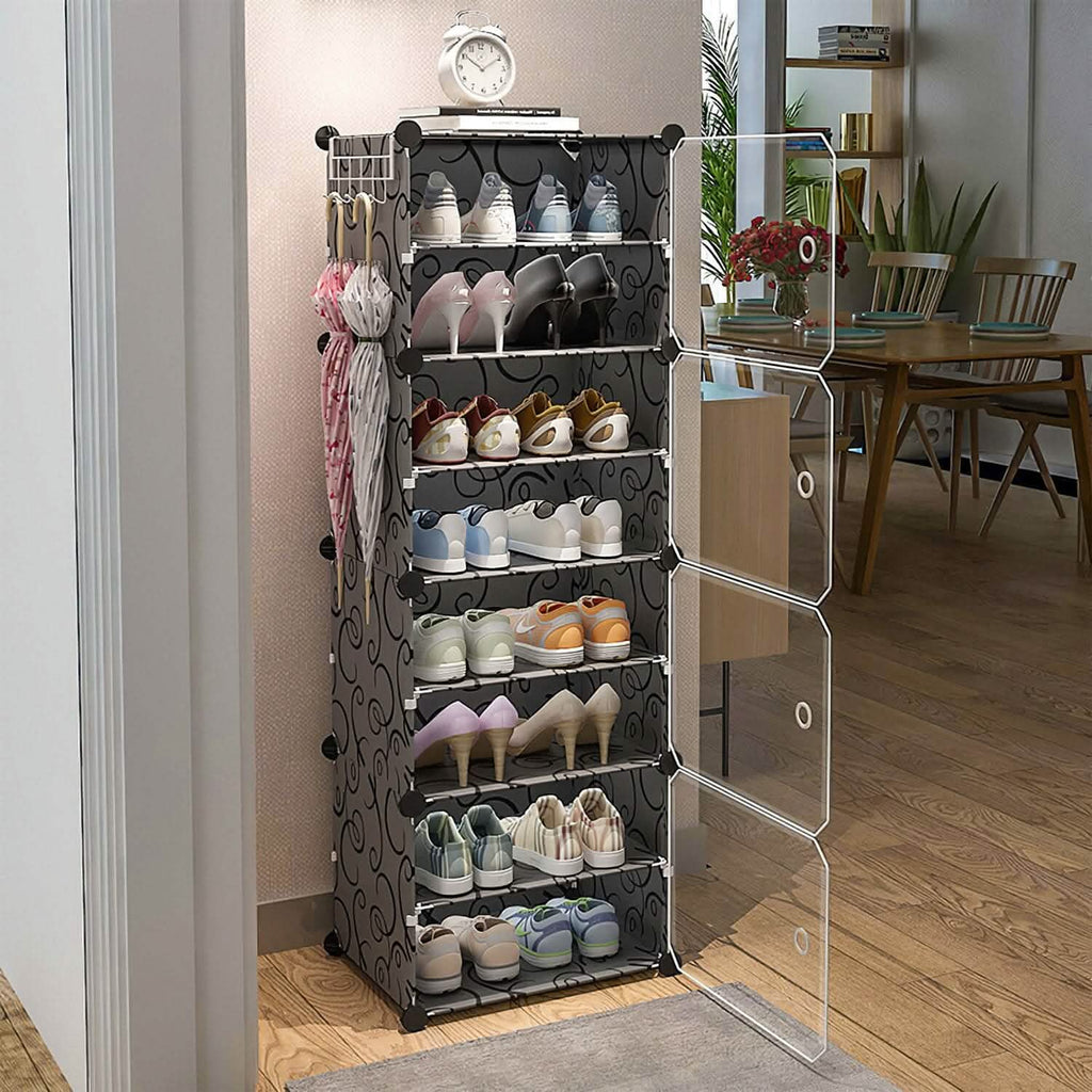 Shoe rack organizer with transparent door front and multiple tier shoe storage