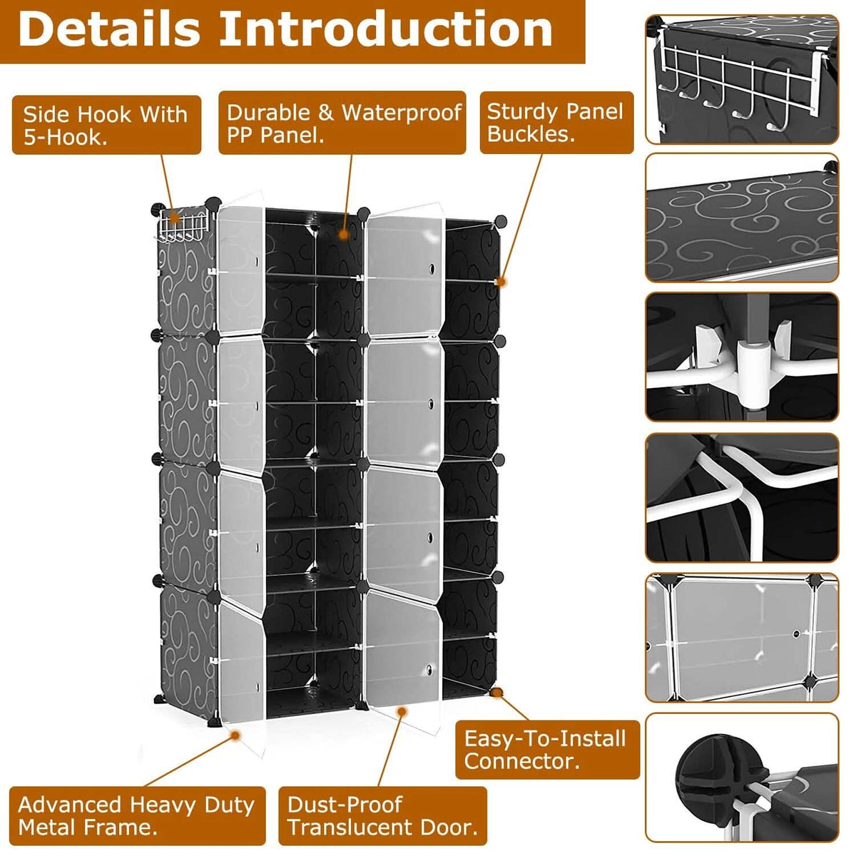 Shoe rack organizer detail view showing side hooks, sturdy panels, and easy connector pieces