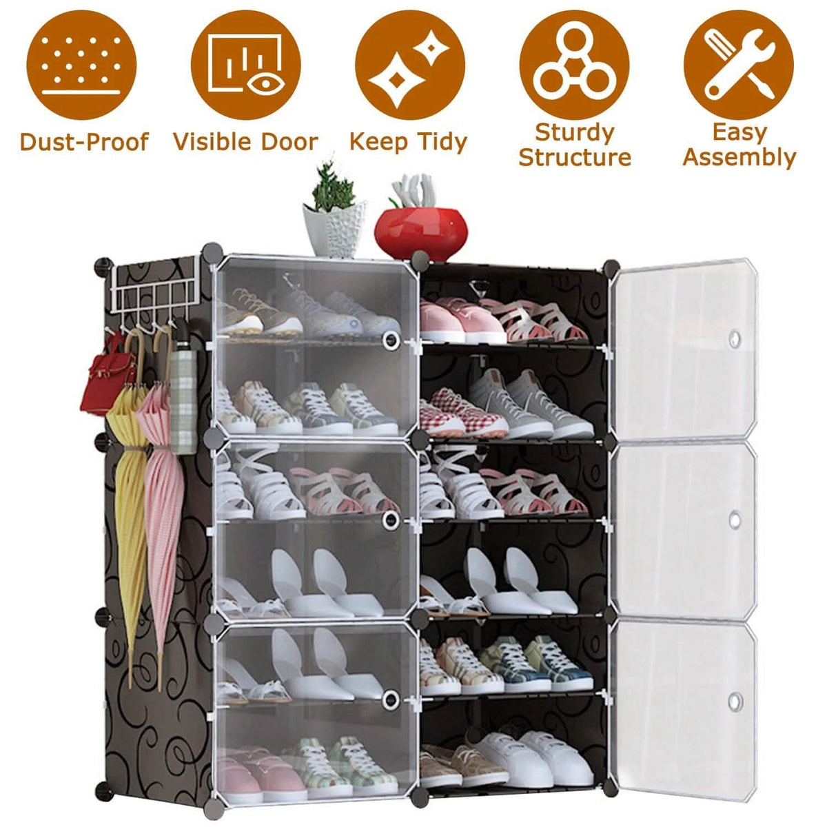 Shoe rack organizer with transparent visible doors and stacked cubbies for shoes