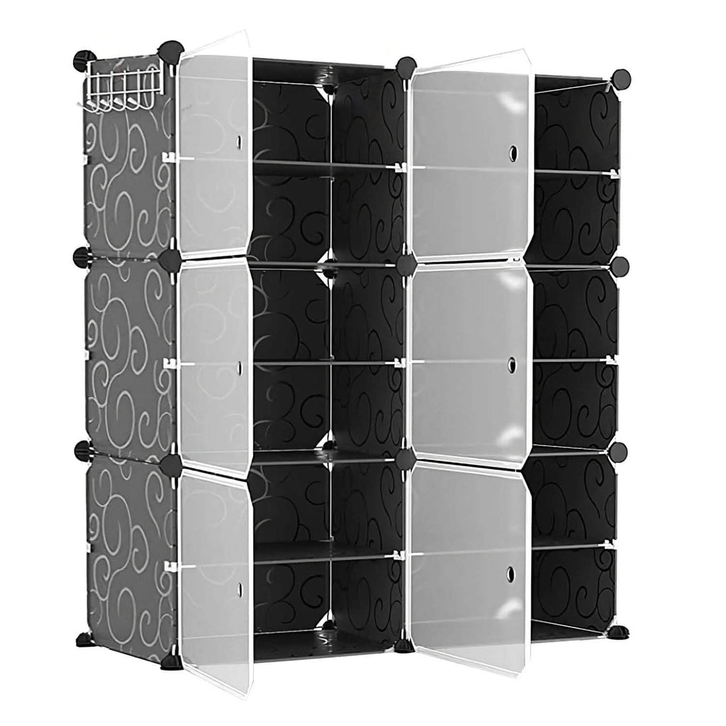 Shoe rack organizer cabinet with clear transparent doors and grid of shoe cubbies