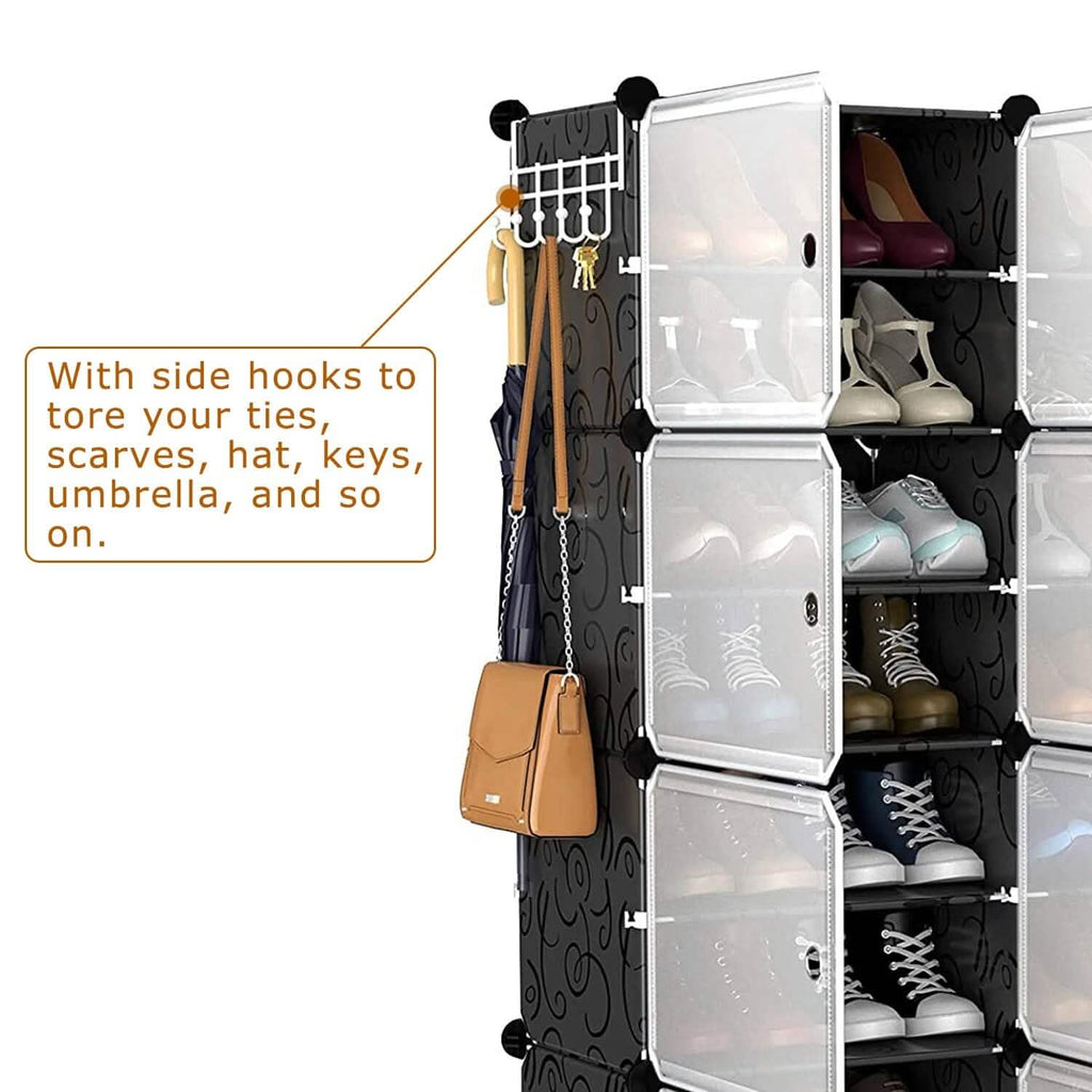 Shoe rack organizer with transparent doors, side hooks, and hanging bag storage
