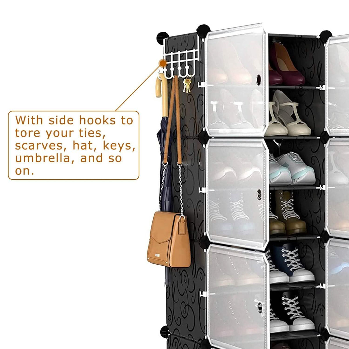 Shoe rack organizer with transparent doors, side hooks, and hanging bag storage