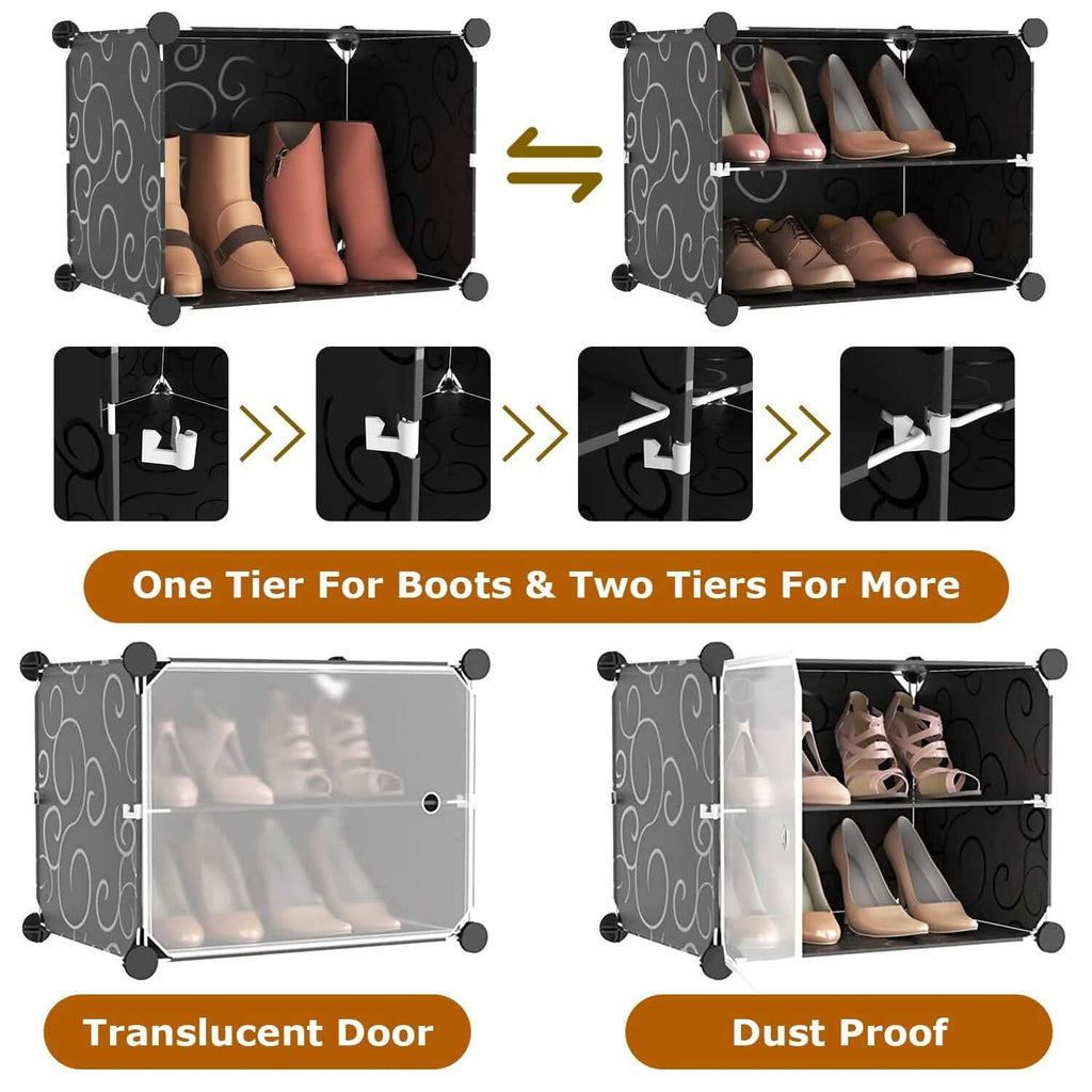Shoe rack organizer with translucent doors, dark frame and two rows of open shoe storage