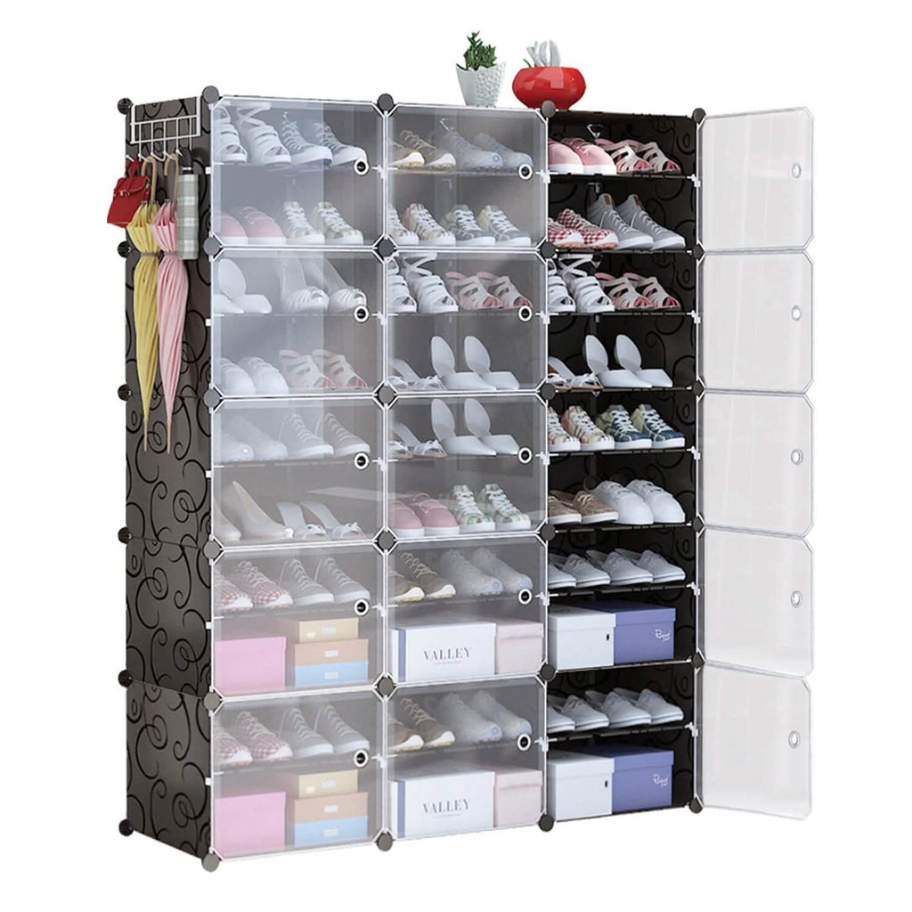 Shoe rack organizer with transparent doors and multi-tier cubbies for shoes and boxes
