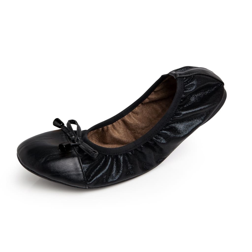 Black slip-on ballet flats with lace-up bow and brown suede-style lining