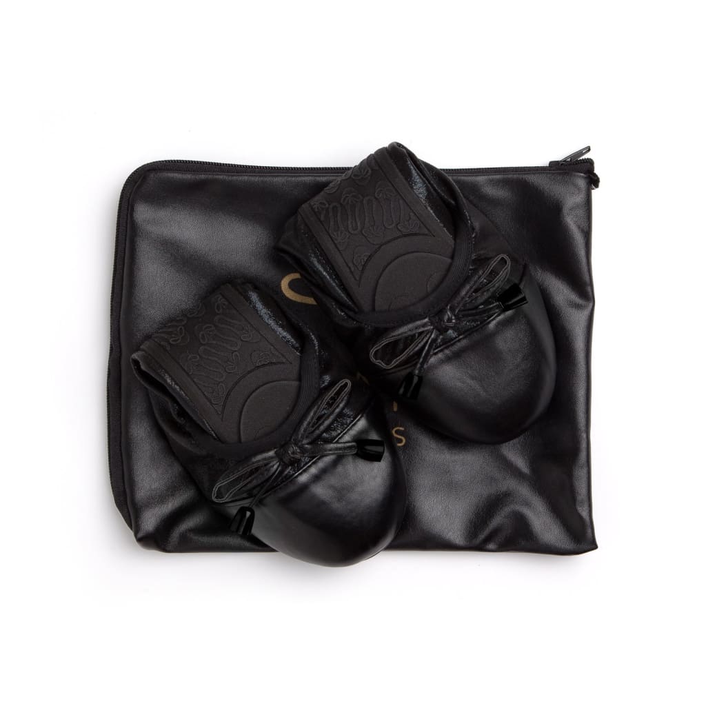 Black ballet flats set with matching pouch for storage