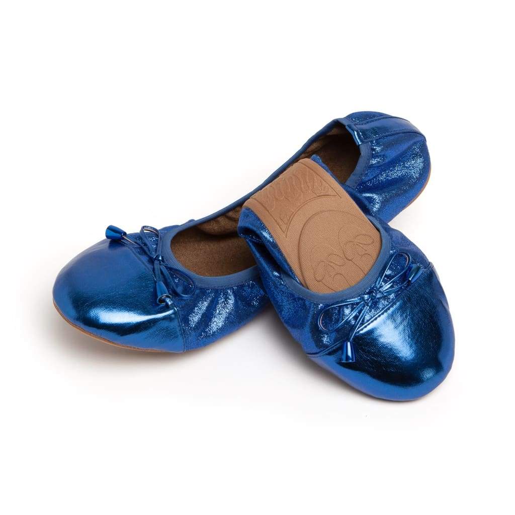 Cobalt blue women's flats with ribbon lace-up bow and glossy finish