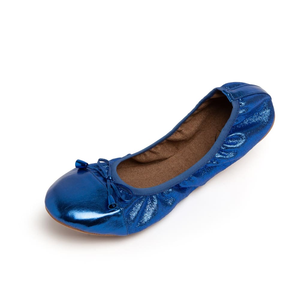 Cobalt blue ribbon lace-up flats with glossy upper and round toe
