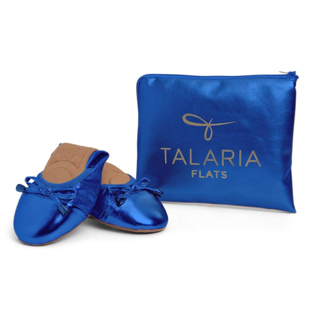 Cobalt blue flats with matching blue storage pouch